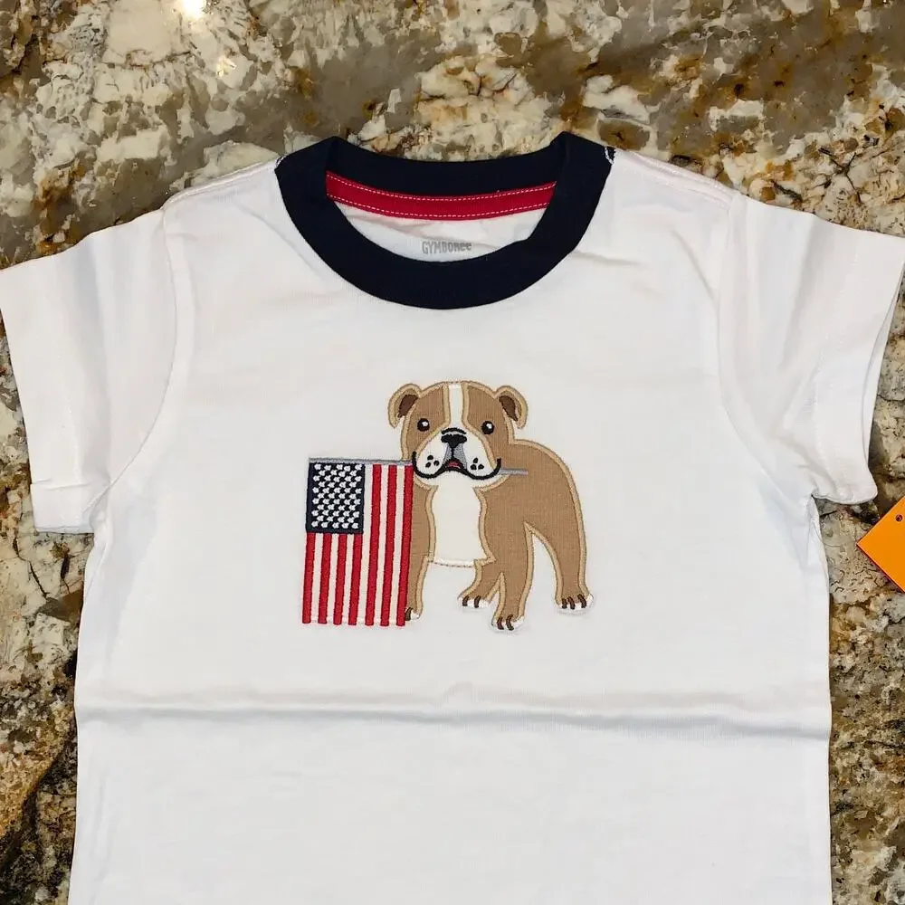 NWT Gymboree Boys Patriotic Bull Dog Applique Tee & Plaid Jogger Shorts